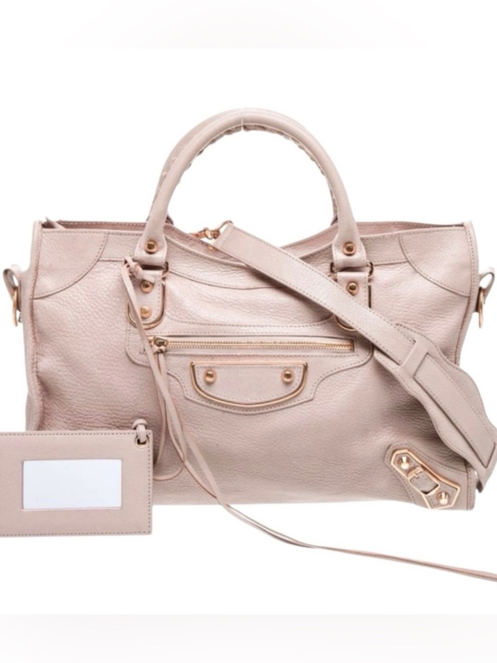 Auth Balenciaga Medium City Bag Pale Blush Pink metallic Edge Classic Gold metal